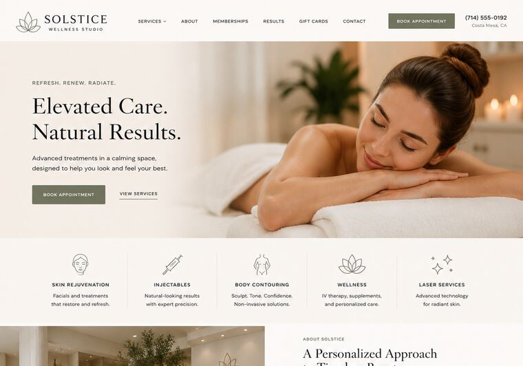 Solstice Wellness Studio website, Med spa and wellness