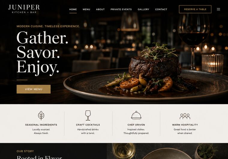 Juniper Kitchen + Bar website, Restaurant