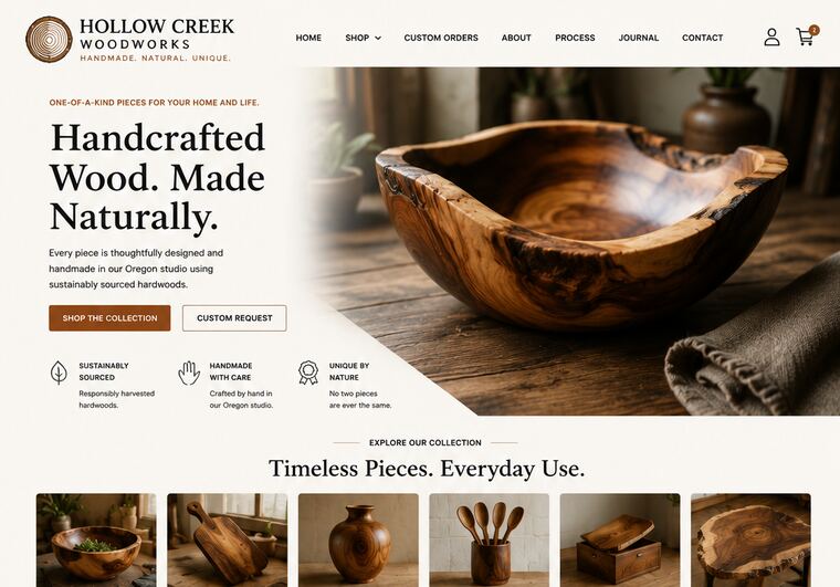 Hollow Creek Woodworks website, Handmade goods