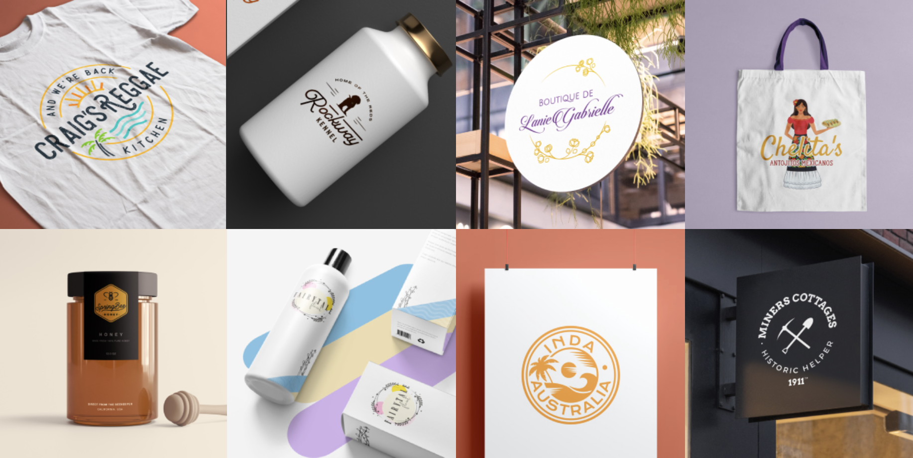 LogoMakr designs applied to t-shirts, packaging, signage, tote bags, and posters