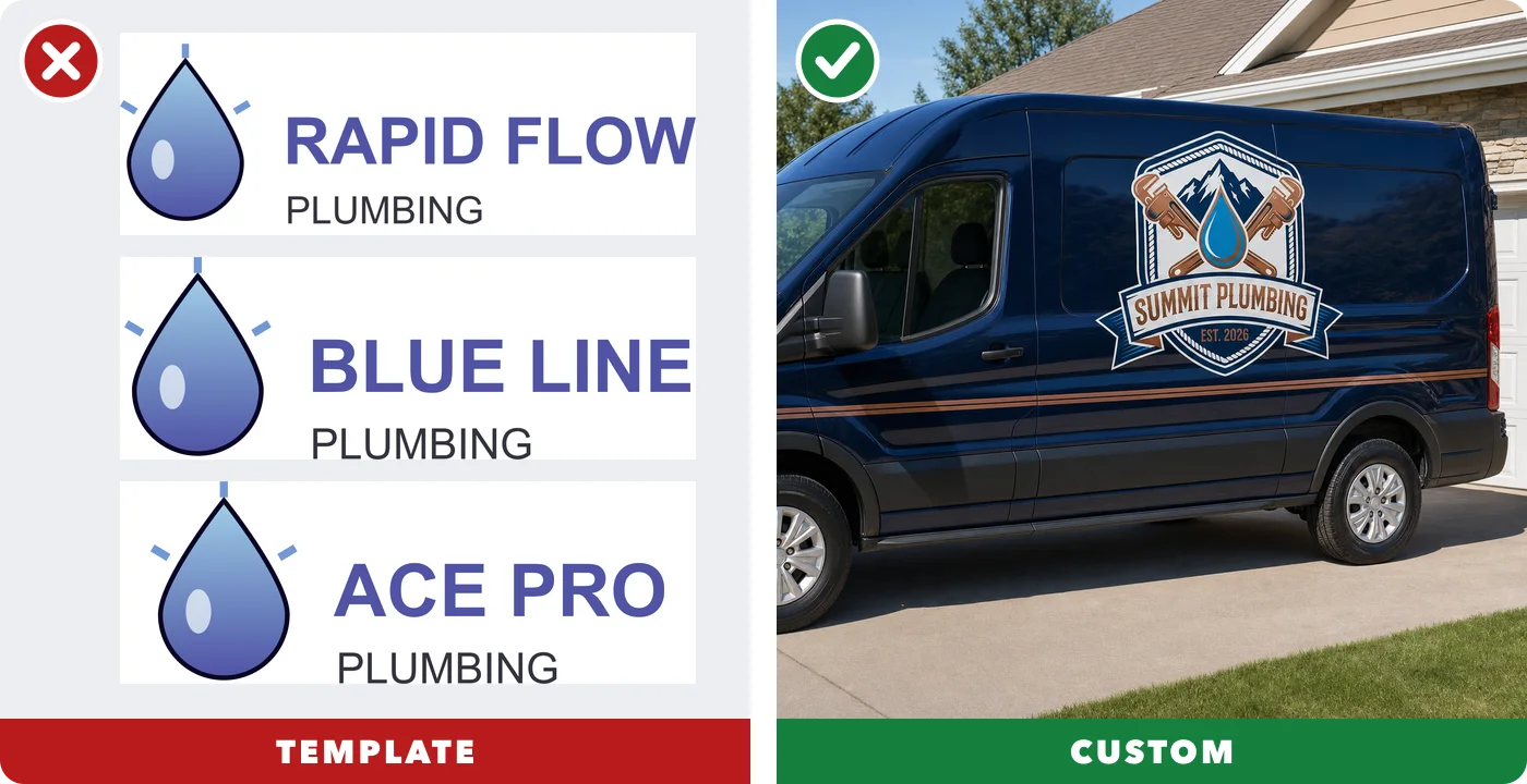 Template logos (same icon as everyone) vs a custom emblem logo on a plumbing van
